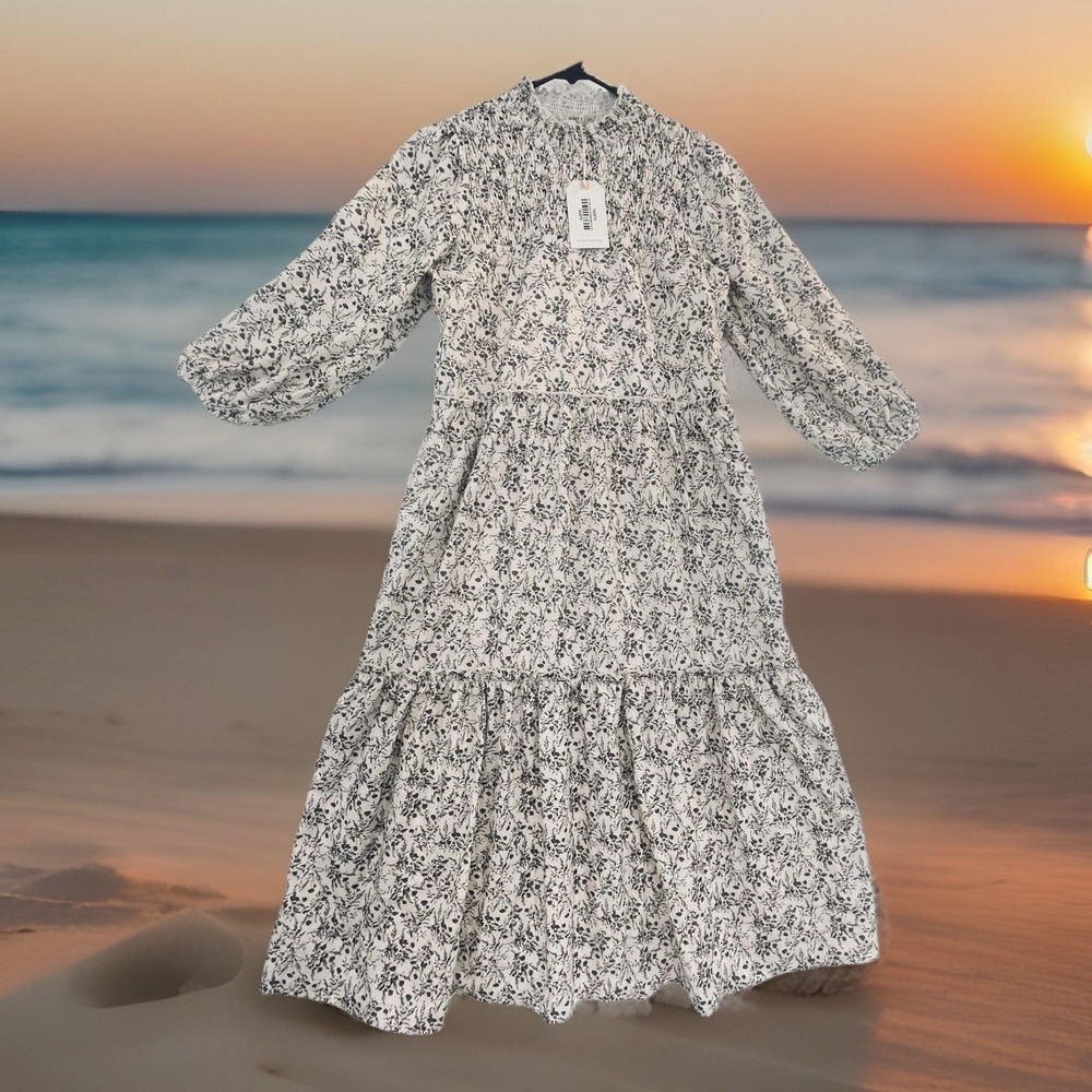 Inherit Clothing Company Dress Womens XS White Floral Smocked Midi Tiered